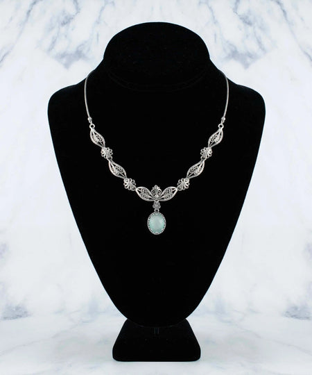 Filigree Art Aqua Chalcedony Gemstone Women Silver Princess Necklace - Drakoi Marketplace