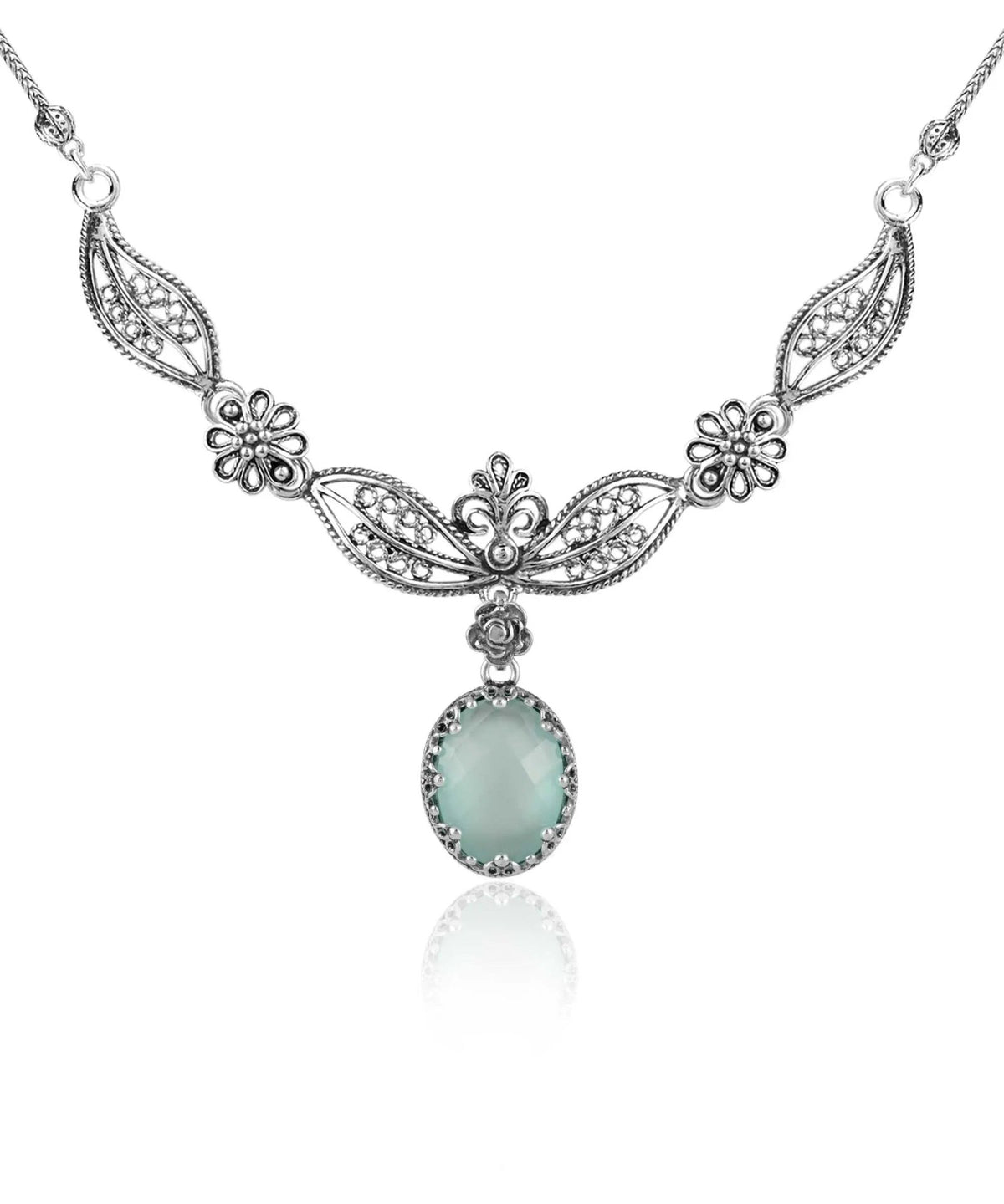 Filigree Art Aqua Chalcedony Gemstone Women Silver Princess Necklace - Drakoi Marketplace