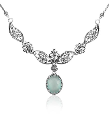 Filigree Art Aqua Chalcedony Gemstone Women Silver Princess Necklace - Drakoi Marketplace