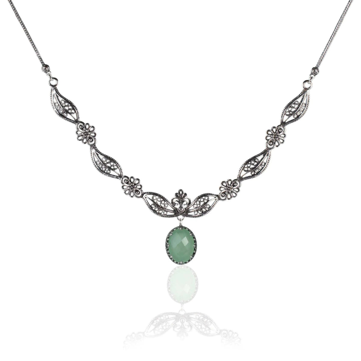 Filigree Art Aqua Chalcedony Gemstone Women Silver Princess Necklace - Drakoi Marketplace