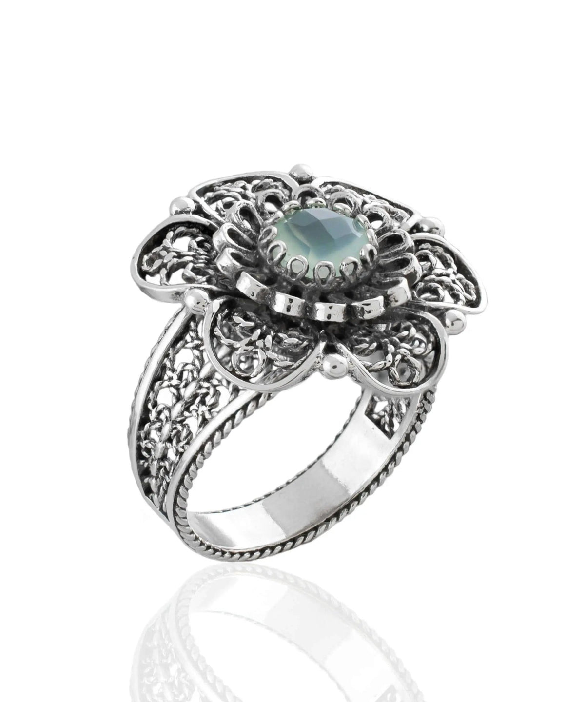 Filigree Art Aqua Chalcedony Gemstone Women Silver Statement Ring - Drakoi Marketplace