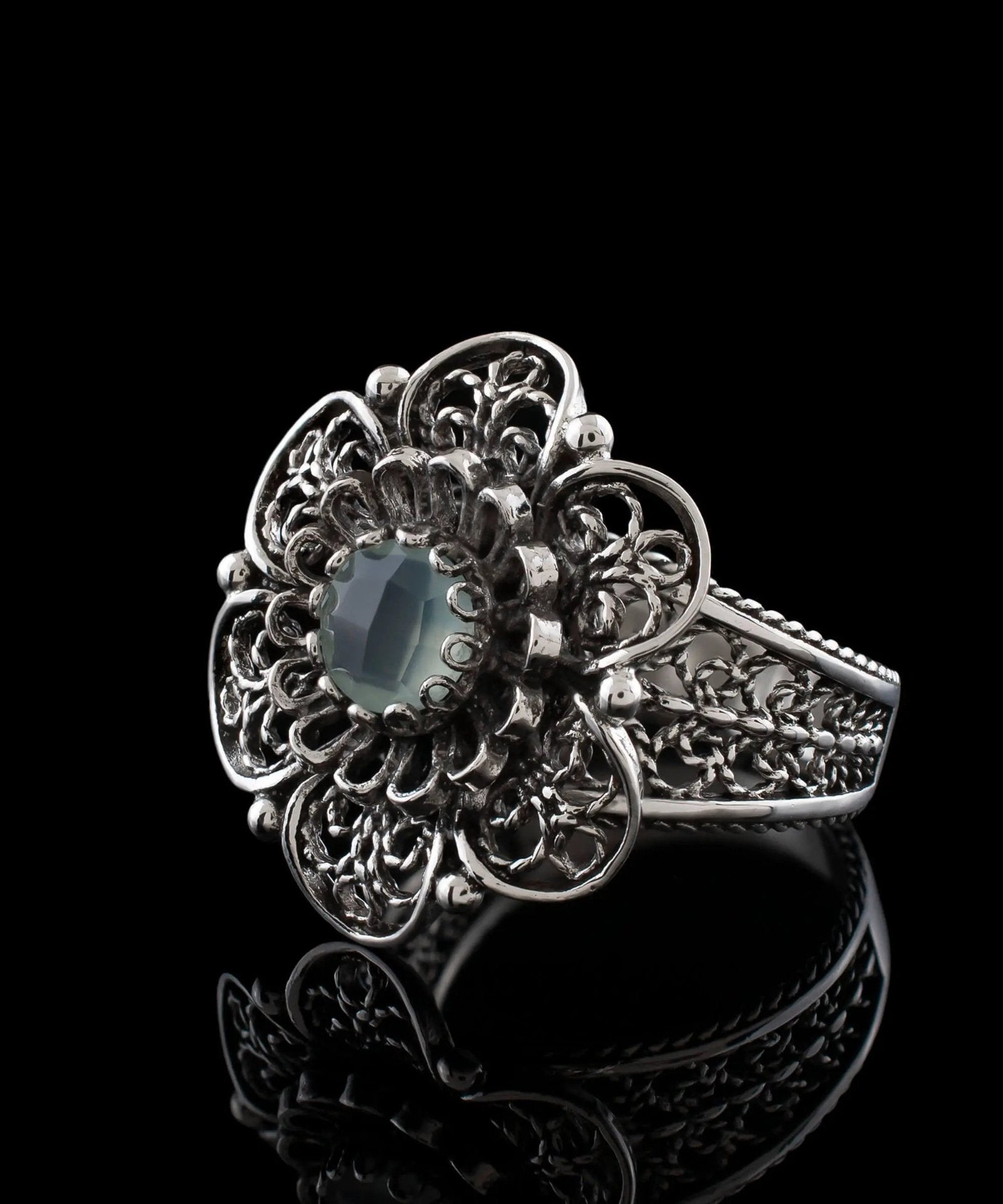 Filigree Art Aqua Chalcedony Gemstone Women Silver Statement Ring - Drakoi Marketplace