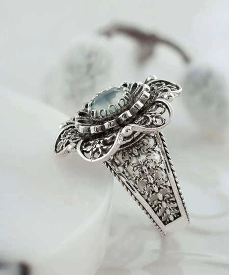 Filigree Art Aqua Chalcedony Gemstone Women Silver Statement Ring - Drakoi Marketplace