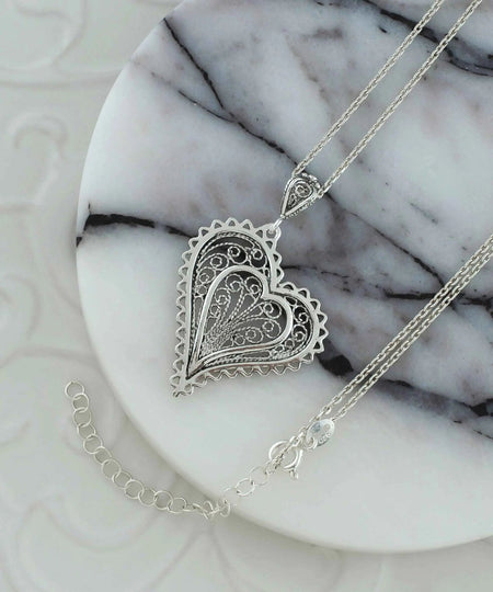 Filigree Art Asymmetric Heart Women Silver Pendant Necklace - Drakoi Marketplace