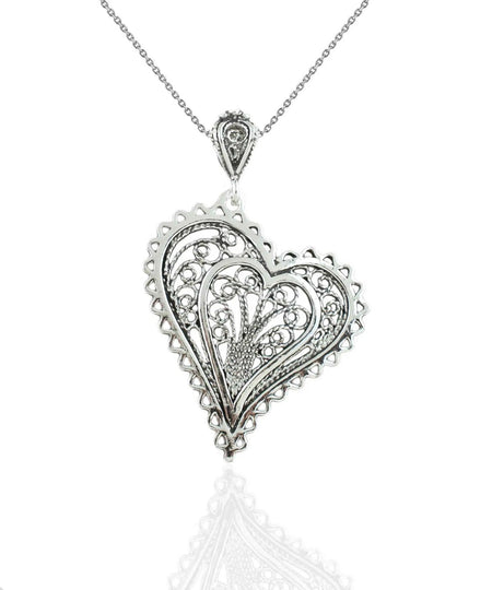 Filigree Art Asymmetric Heart Women Silver Pendant Necklace - Drakoi Marketplace