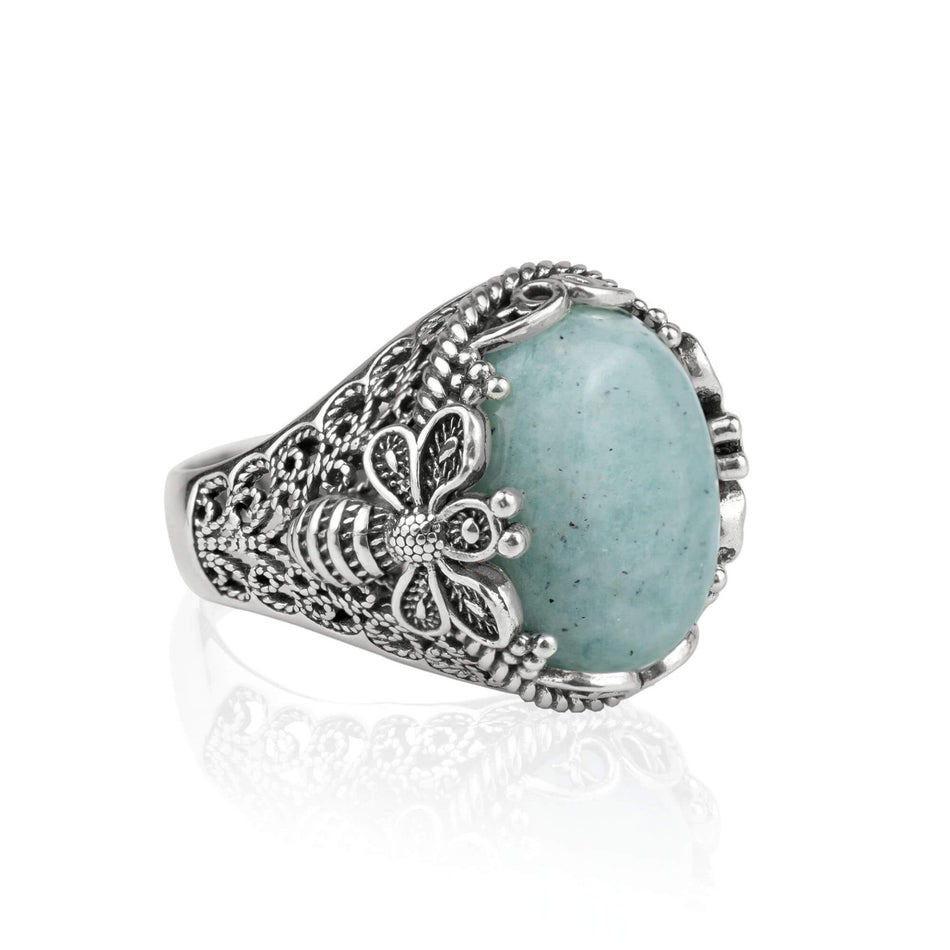 Filigree Art Bee Detailed Amazonite Gemstone Women Silver Statement Ring - Drakoi Marketplace