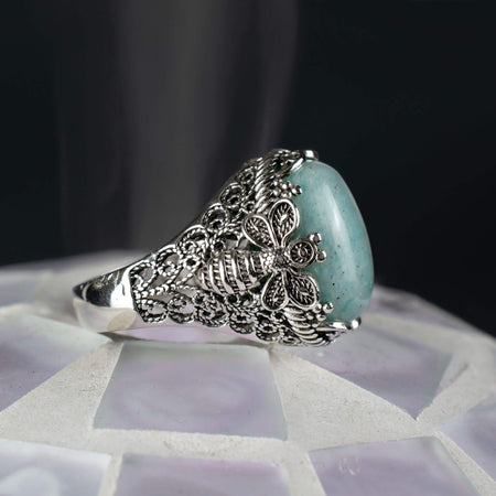 Filigree Art Bee Detailed Amazonite Gemstone Women Silver Statement Ring - Drakoi Marketplace