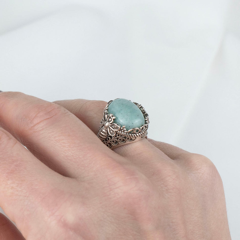 Filigree Art Bee Detailed Amazonite Gemstone Women Silver Statement Ring - Drakoi Marketplace