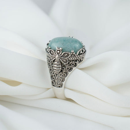 Filigree Art Bee Detailed Amazonite Gemstone Women Silver Statement Ring - Drakoi Marketplace