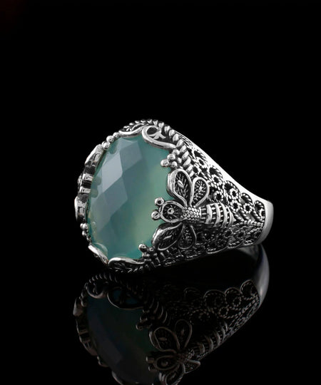 Filigree Art Bee Detailed Aqua Chalcedony Gemstone Women Silver Statement Ring - Drakoi Marketplace