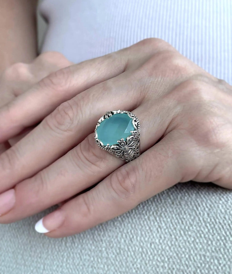 Filigree Art Bee Detailed Aqua Chalcedony Gemstone Women Silver Statement Ring - Drakoi Marketplace