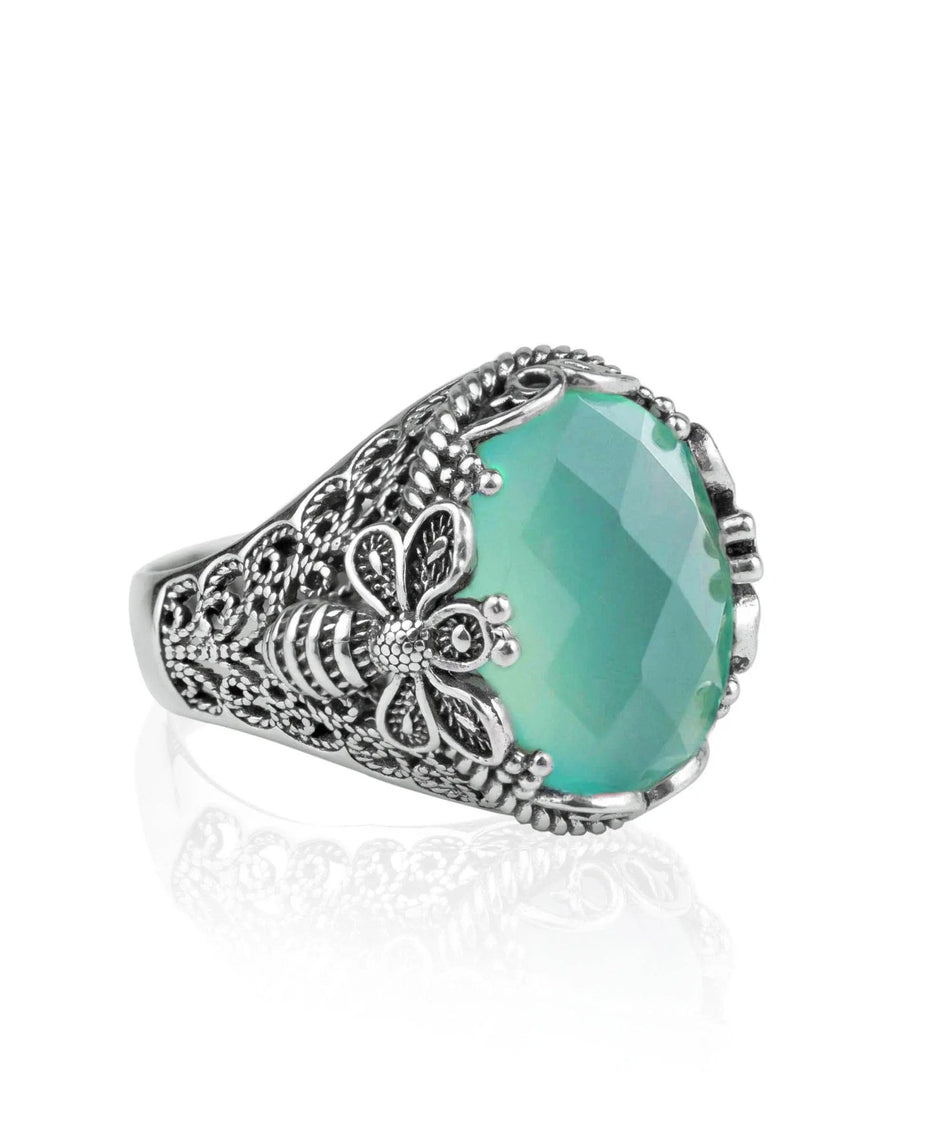 Filigree Art Bee Detailed Aqua Chalcedony Gemstone Women Silver Statement Ring - Drakoi Marketplace