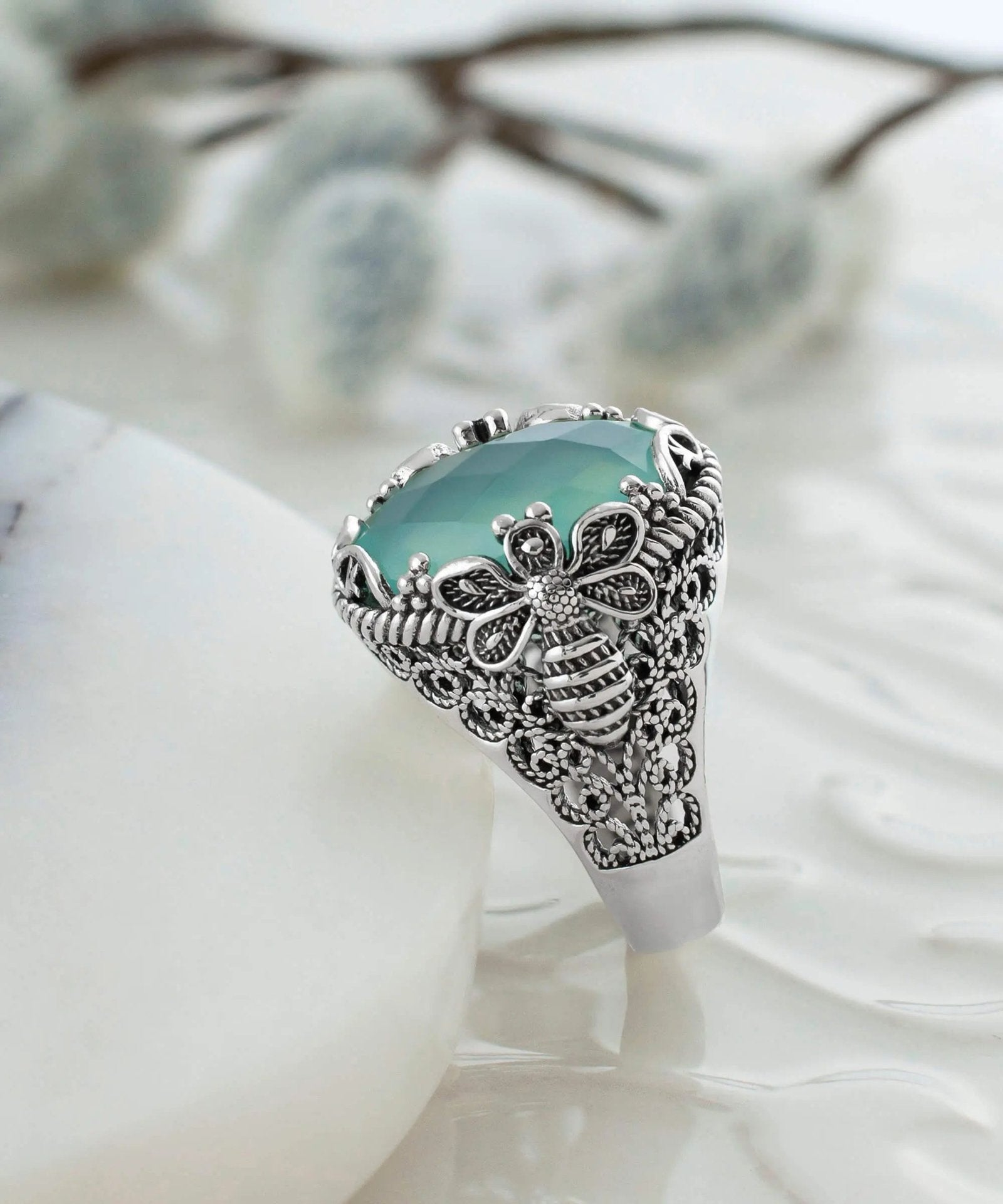 Filigree Art Bee Detailed Aqua Chalcedony Gemstone Women Silver Statement Ring - Drakoi Marketplace