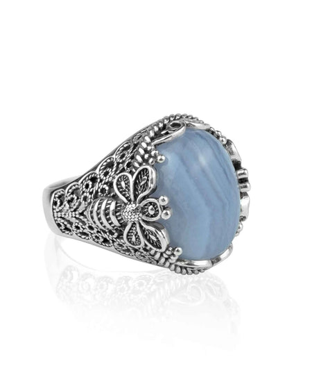 Filigree Art Bee Detailed Blue Lace Agate Gemstone Women Silver Statement Ring - Drakoi Marketplace