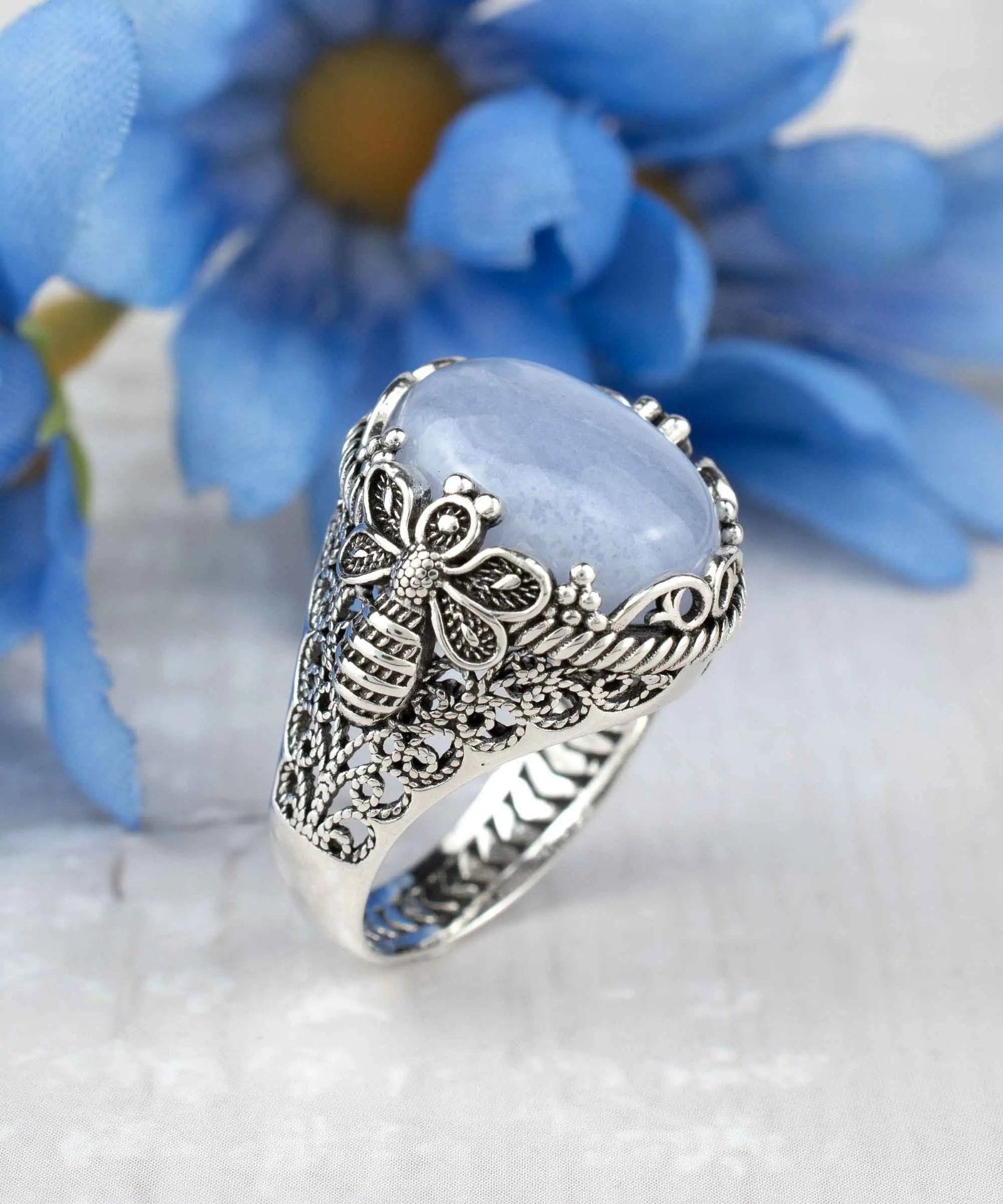 Filigree Art Bee Detailed Blue Lace Agate Gemstone Women Silver Statement Ring - Drakoi Marketplace