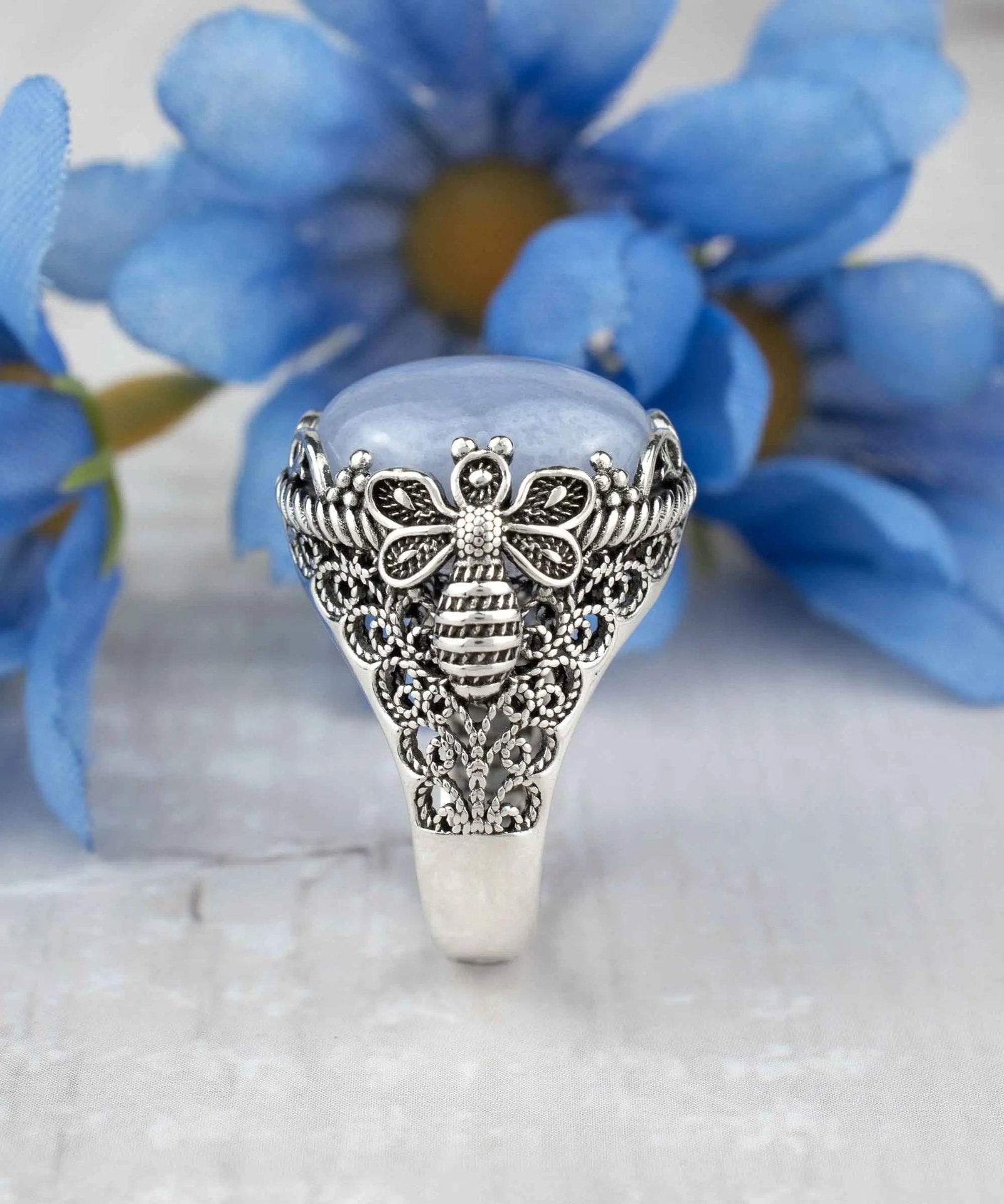 Filigree Art Bee Detailed Blue Lace Agate Gemstone Women Silver Statement Ring - Drakoi Marketplace