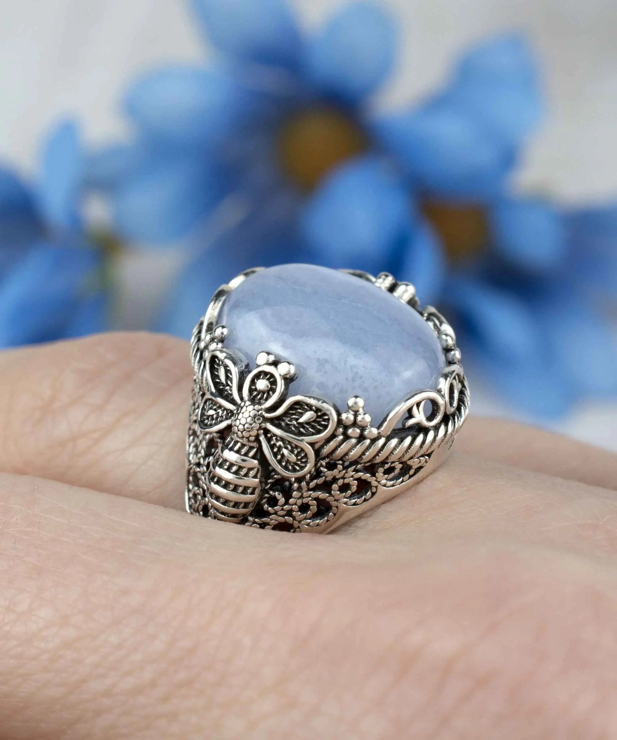 Filigree Art Bee Detailed Blue Lace Agate Gemstone Women Silver Statement Ring - Drakoi Marketplace