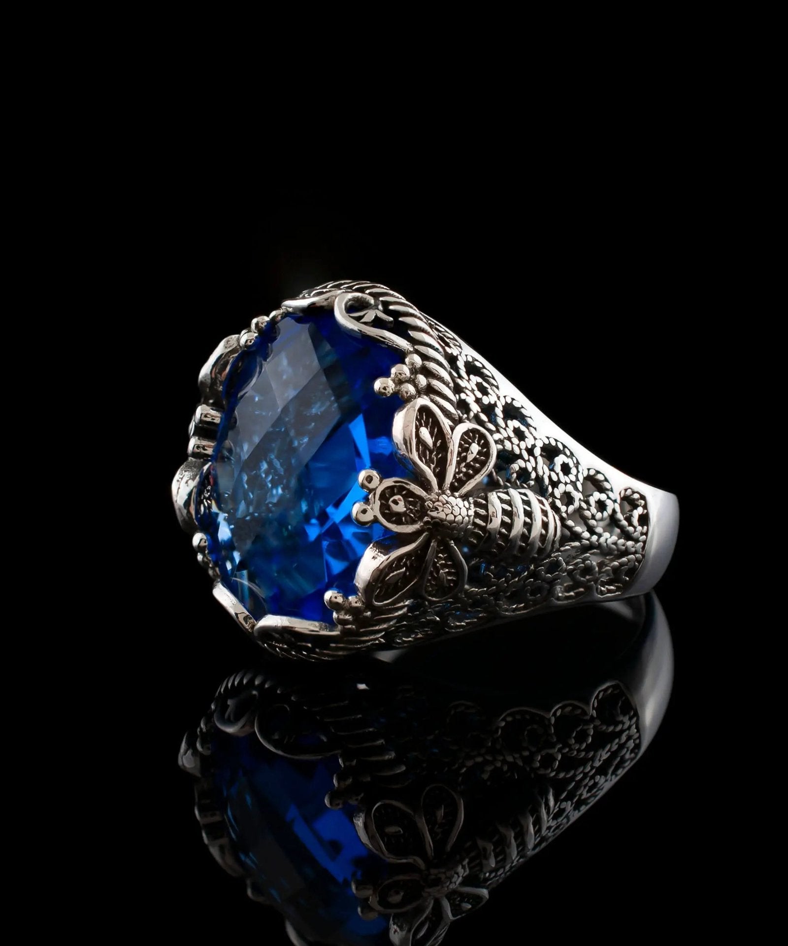 Filigree Art Bee Detailed Blue Quartz Gemstone Women Silver Statement Ring - Drakoi Marketplace