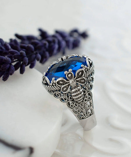 Filigree Art Bee Detailed Blue Quartz Gemstone Women Silver Statement Ring - Drakoi Marketplace