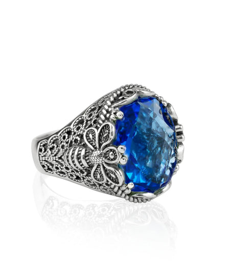 Filigree Art Bee Detailed Blue Quartz Gemstone Women Silver Statement Ring - Drakoi Marketplace