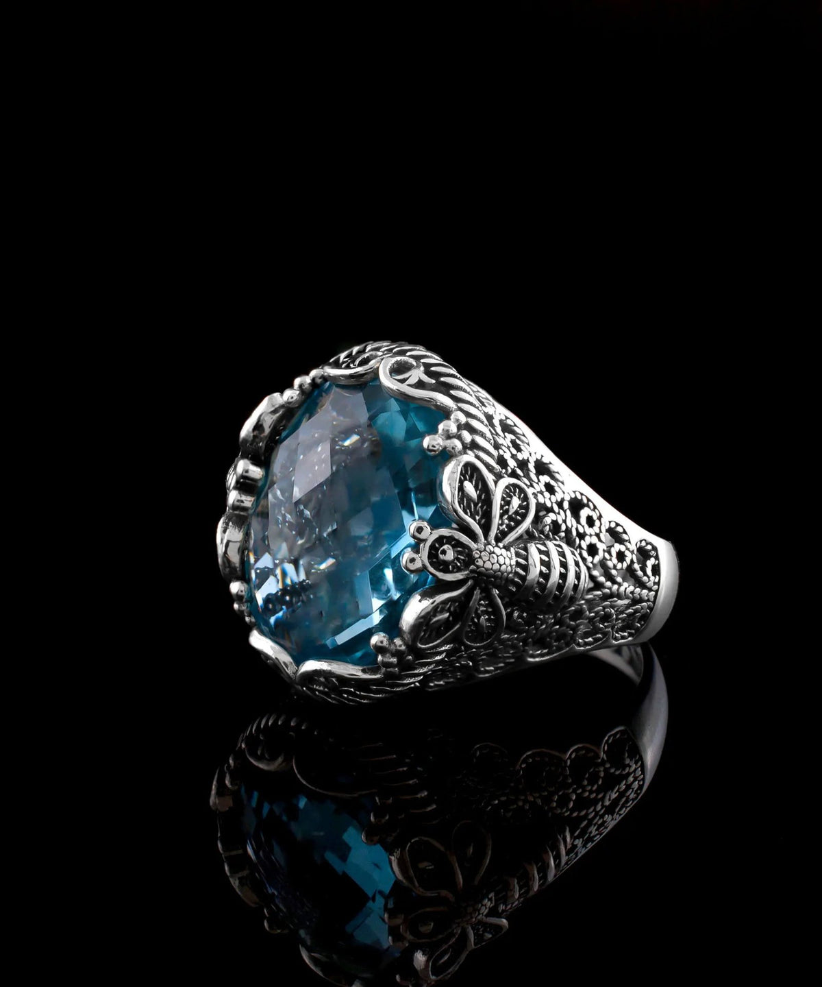 Filigree Art Bee Detailed Blue Topaz Gemstone Women Silver Statement Ring - Drakoi Marketplace