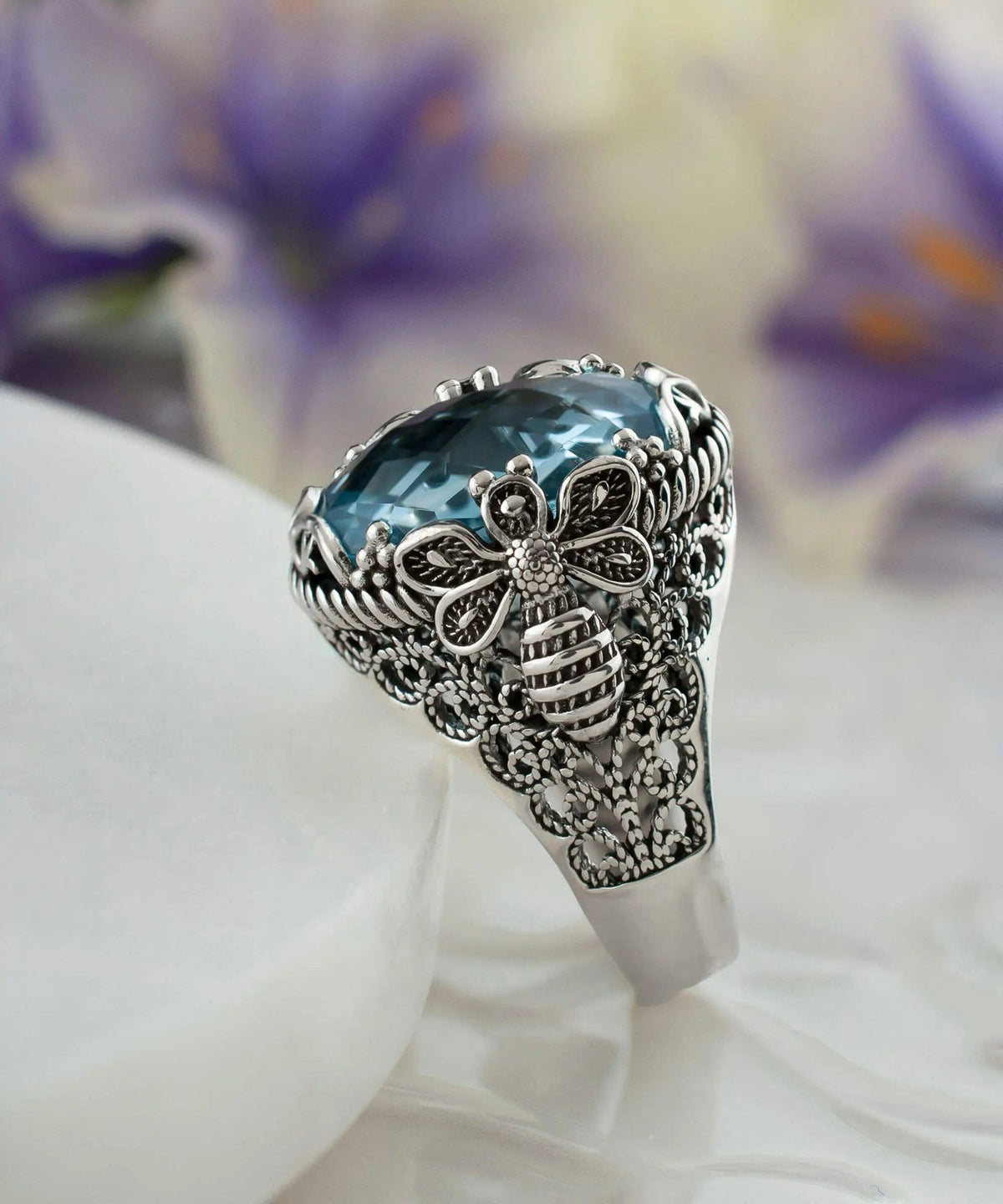 Filigree Art Bee Detailed Blue Topaz Gemstone Women Silver Statement Ring - Drakoi Marketplace