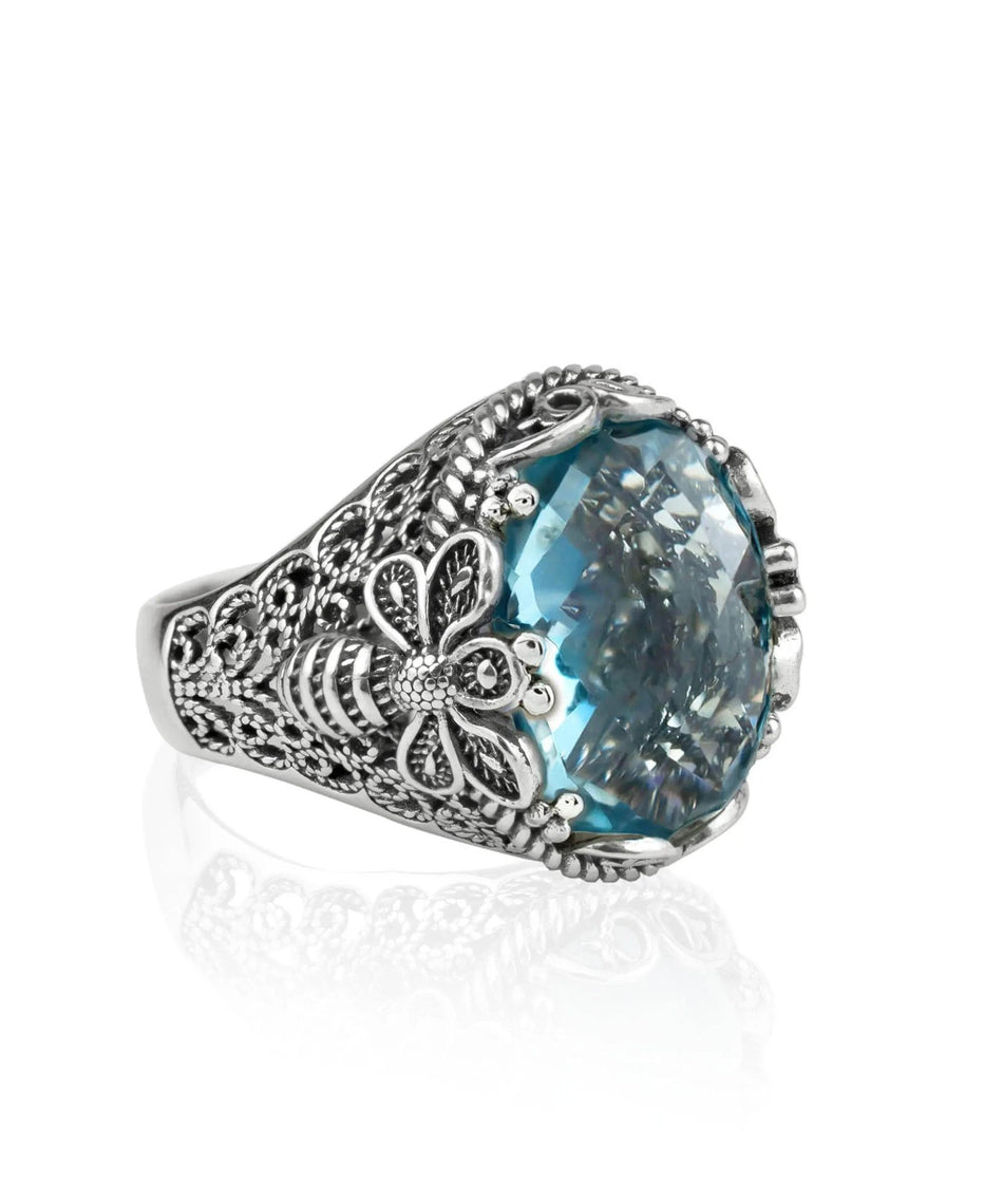 Filigree Art Bee Detailed Blue Topaz Gemstone Women Silver Statement Ring - Drakoi Marketplace