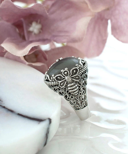 Filigree Art Bee Detailed Gray Moonstone Gemstone Women Silver Statement Ring - Drakoi Marketplace