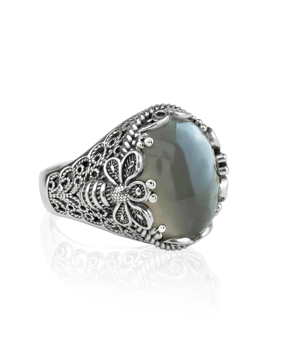 Filigree Art Bee Detailed Gray Moonstone Gemstone Women Silver Statement Ring - Drakoi Marketplace