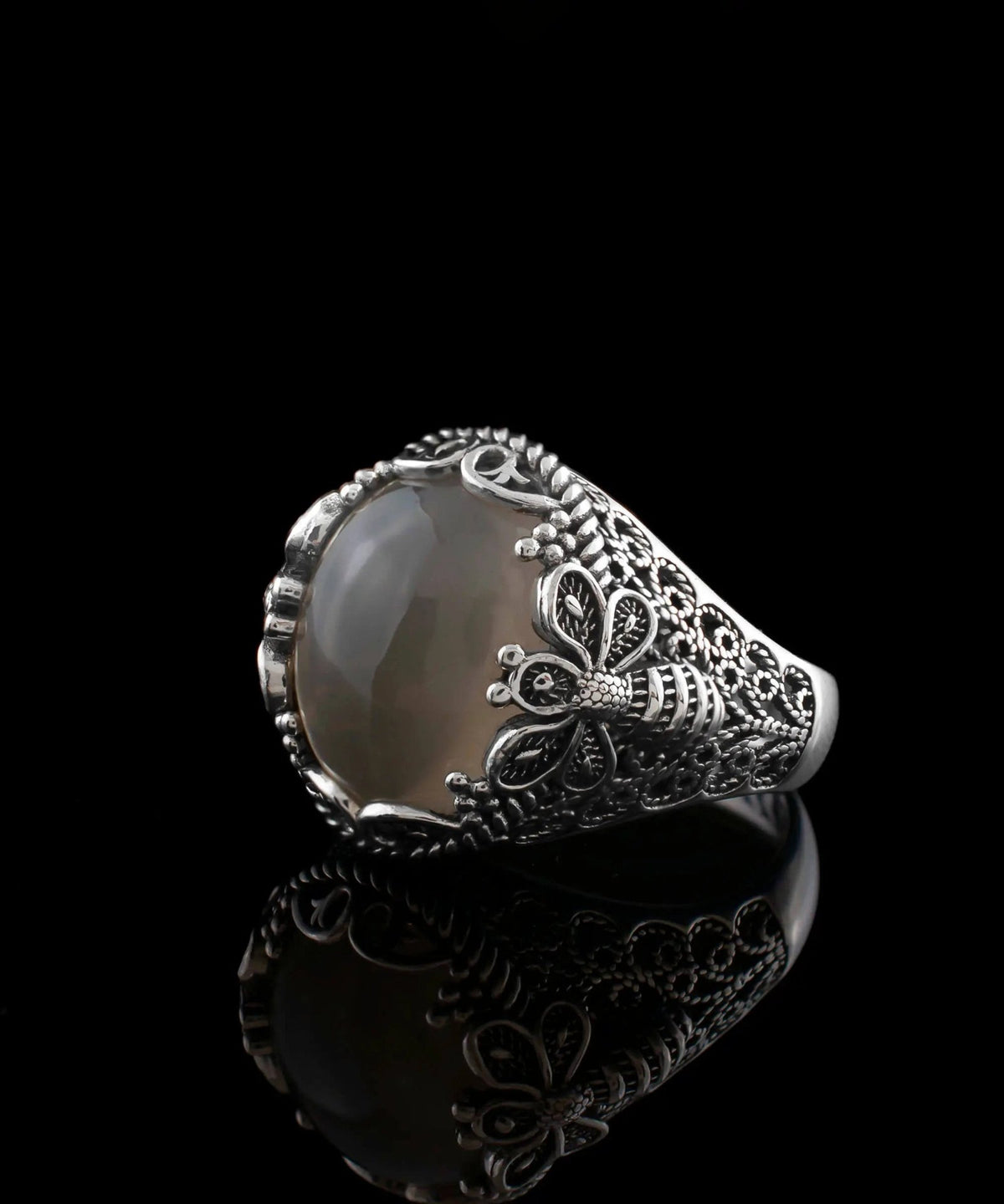 Filigree Art Bee Detailed Gray Moonstone Gemstone Women Silver Statement Ring - Drakoi Marketplace