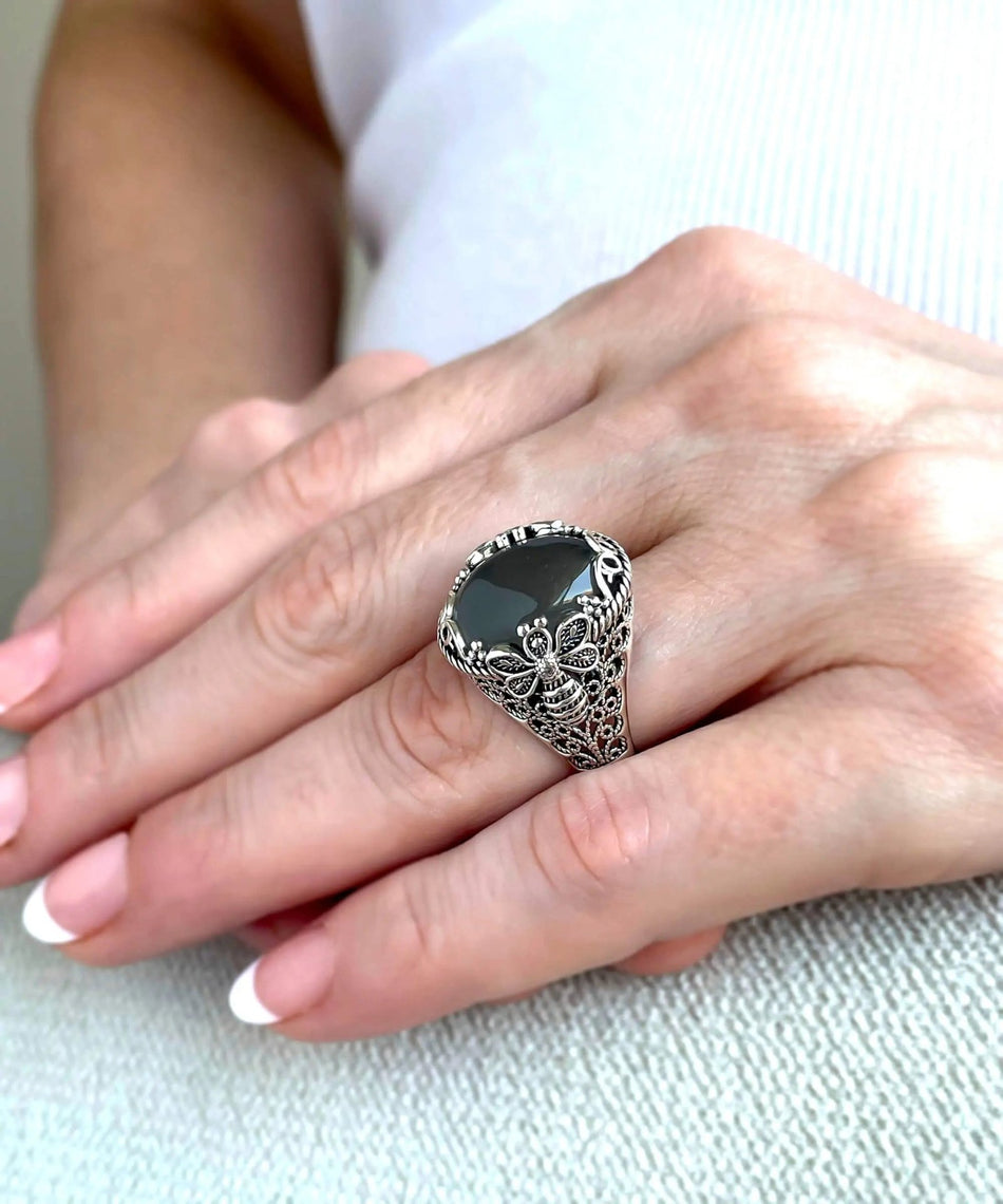 Filigree Art Bee Detailed Gray Moonstone Gemstone Women Silver Statement Ring - Drakoi Marketplace