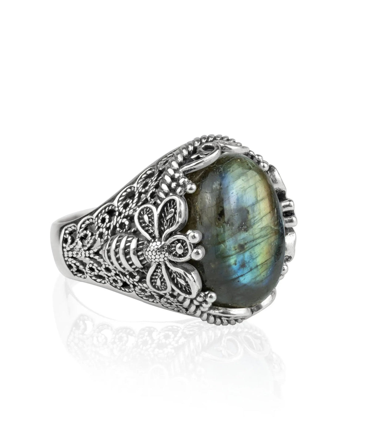 Filigree Art Bee Detailed Labradorite Gemstone Women Silver Statement Ring - Drakoi Marketplace