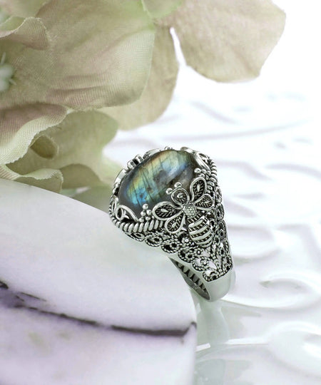 Filigree Art Bee Detailed Labradorite Gemstone Women Silver Statement Ring - Drakoi Marketplace