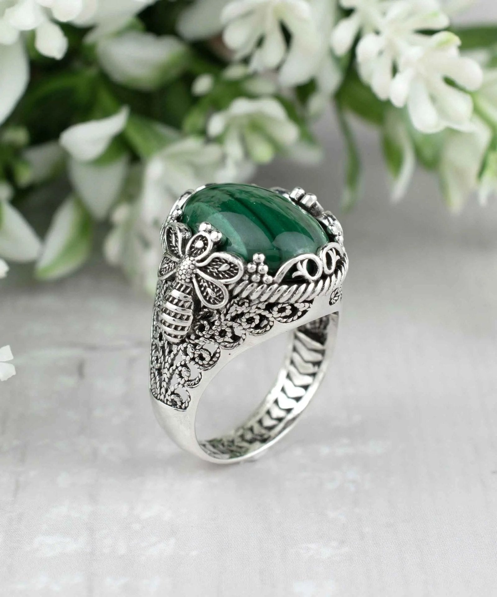 Filigree Art Bee Detailed Malachite Gemstone Women Silver Statement Ring - Drakoi Marketplace