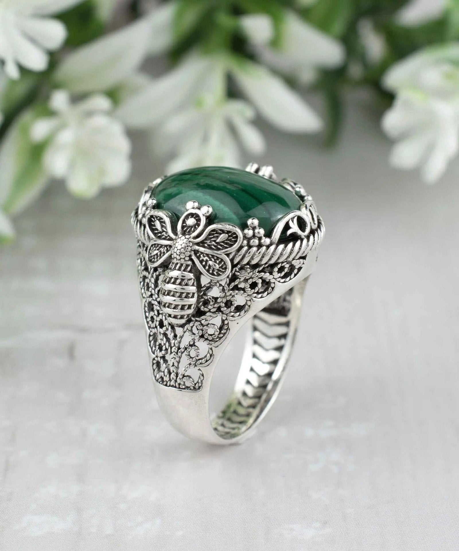 Filigree Art Bee Detailed Malachite Gemstone Women Silver Statement Ring - Drakoi Marketplace