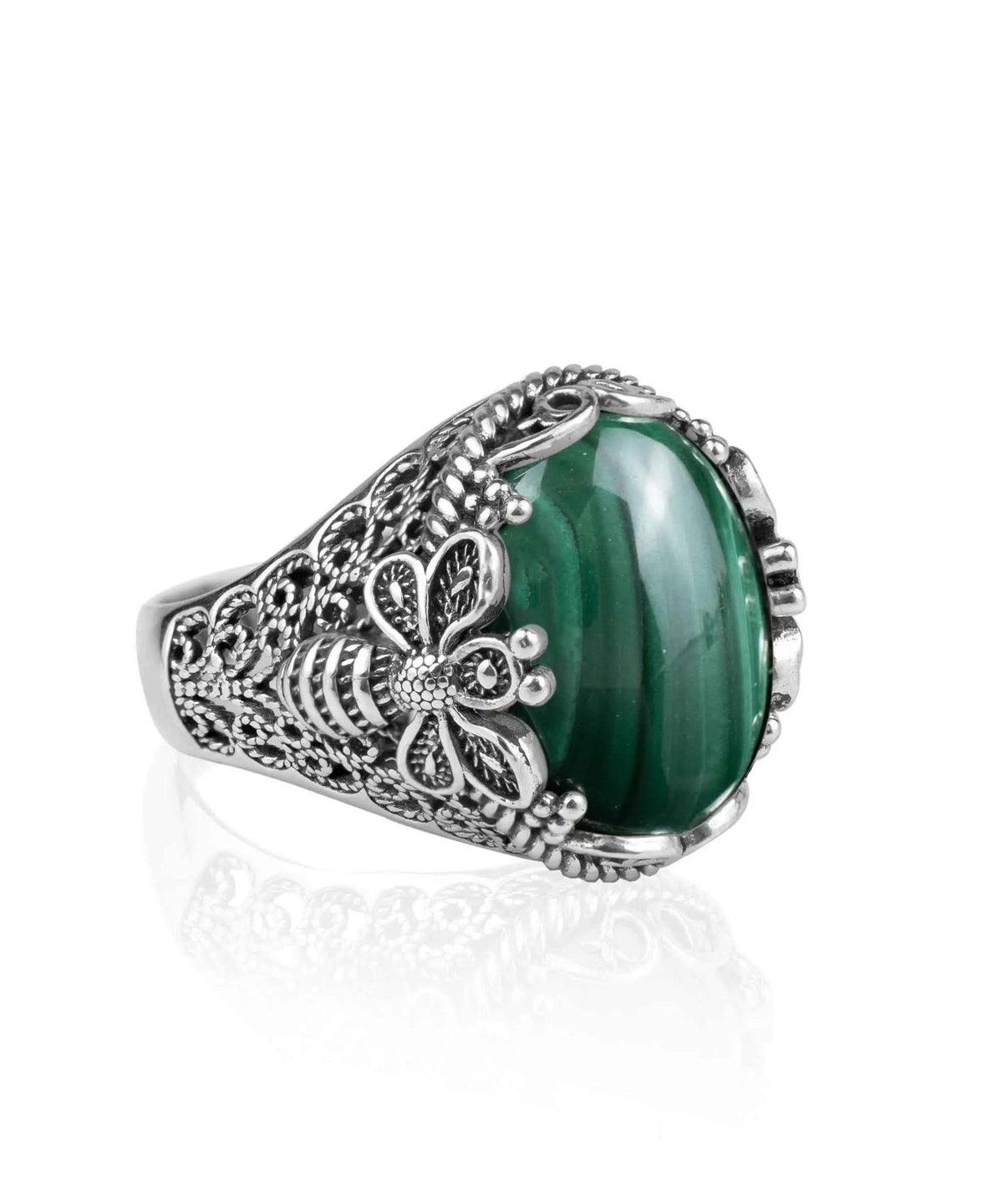 Filigree Art Bee Detailed Malachite Gemstone Women Silver Statement Ring - Drakoi Marketplace