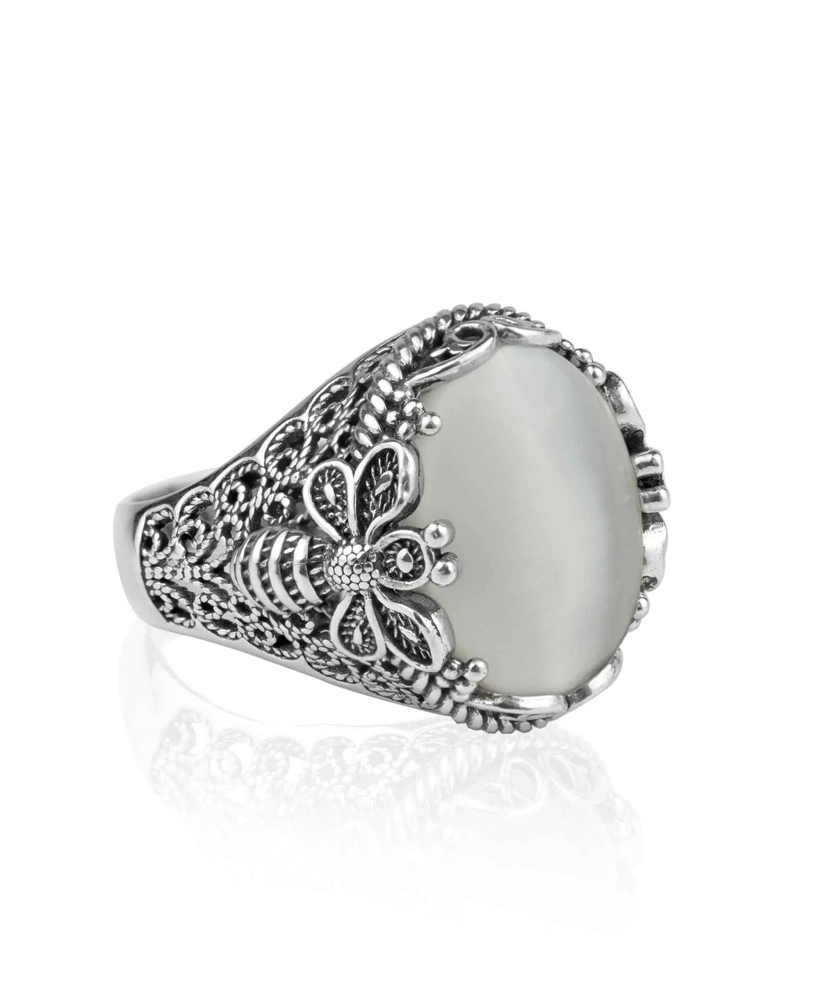 Filigree Art Bee Detailed Mother Of Pearl Gemstone Women Silver Statement Ring - Drakoi Marketplace