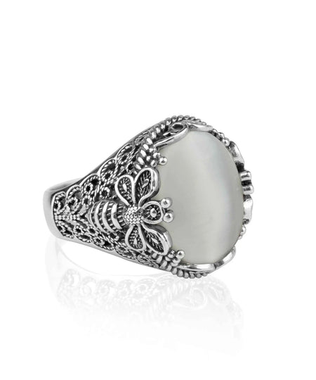 Filigree Art Bee Detailed Mother Of Pearl Gemstone Women Silver Statement Ring - Drakoi Marketplace