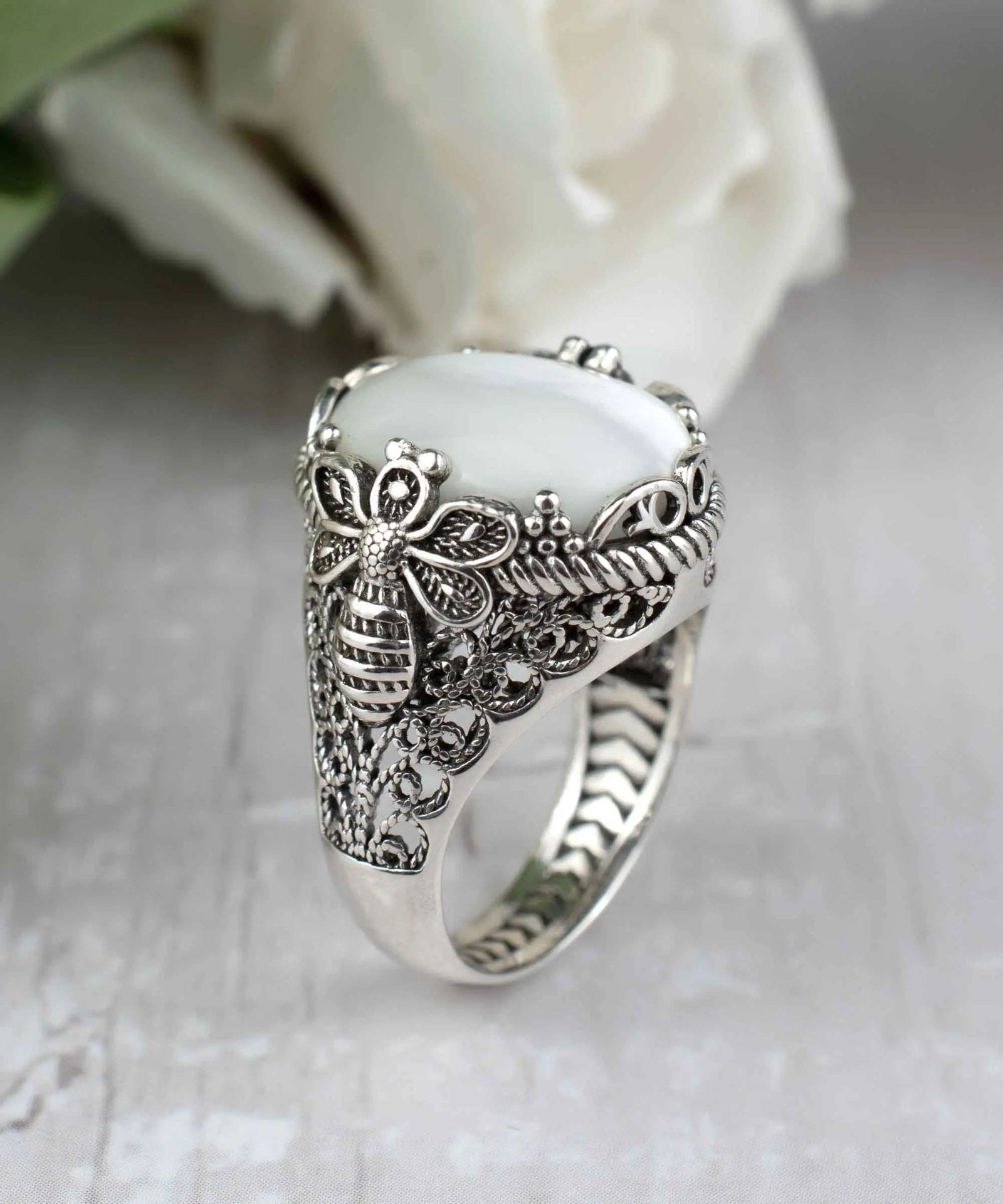 Filigree Art Bee Detailed Mother Of Pearl Gemstone Women Silver Statement Ring - Drakoi Marketplace