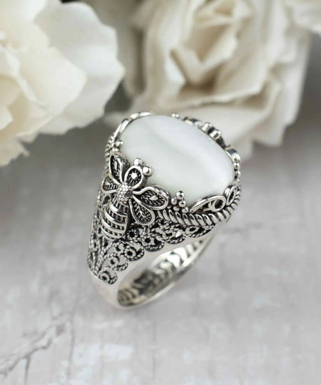 Filigree Art Bee Detailed Mother Of Pearl Gemstone Women Silver Statement Ring - Drakoi Marketplace