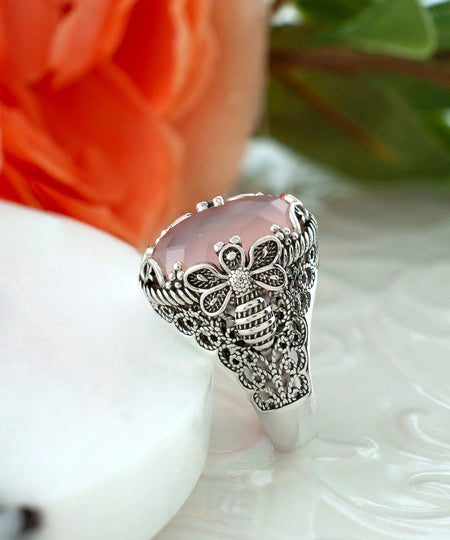 Filigree Art Bee Detailed Pink Chalcedony Gemstone Women Silver Statement Ring - Drakoi Marketplace