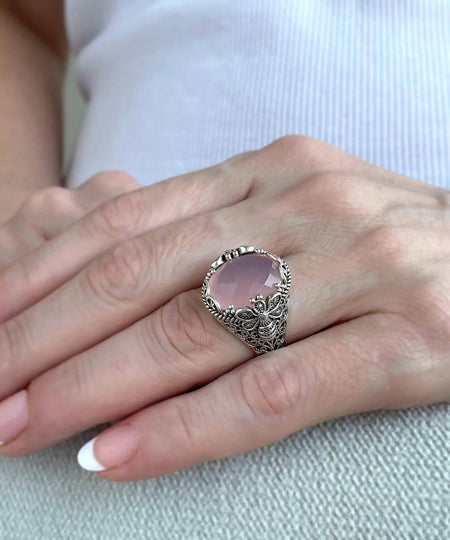 Filigree Art Bee Detailed Pink Chalcedony Gemstone Women Silver Statement Ring - Drakoi Marketplace