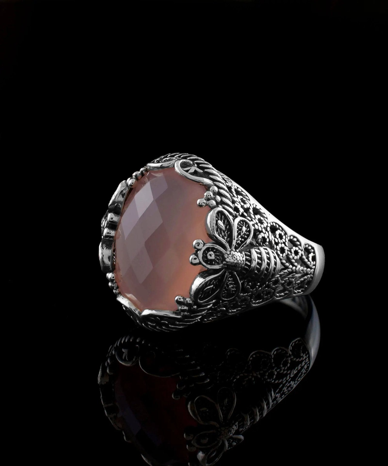 Filigree Art Bee Detailed Pink Chalcedony Gemstone Women Silver Statement Ring - Drakoi Marketplace