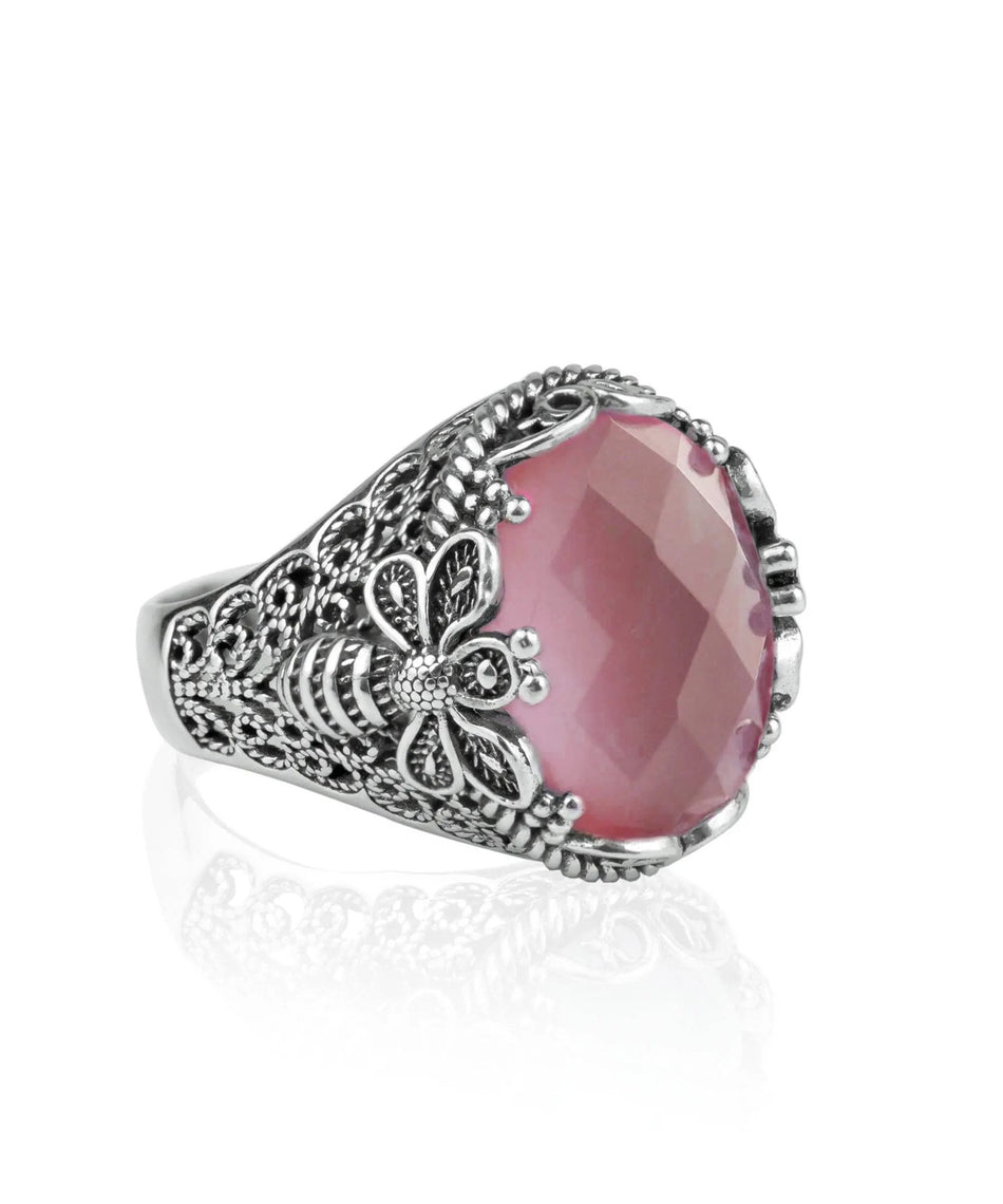 Filigree Art Bee Detailed Pink Chalcedony Gemstone Women Silver Statement Ring - Drakoi Marketplace