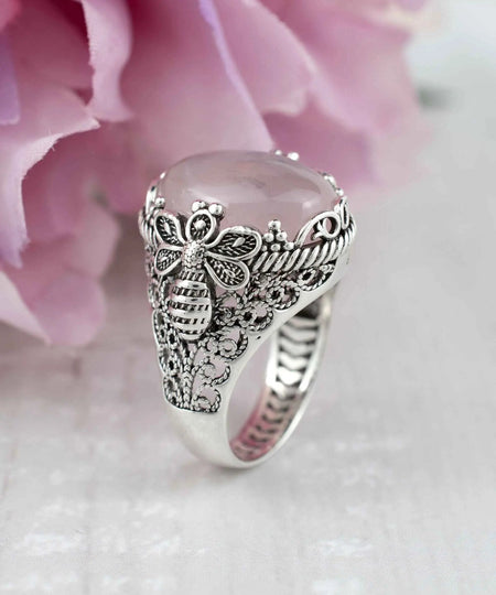 Filigree Art Bee Detailed Rose Quartz Gemstone Women Silver Statement Ring - Drakoi Marketplace