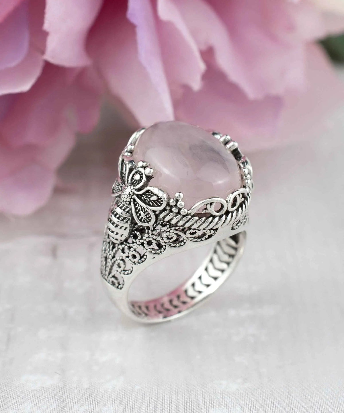 Filigree Art Bee Detailed Rose Quartz Gemstone Women Silver Statement Ring - Drakoi Marketplace