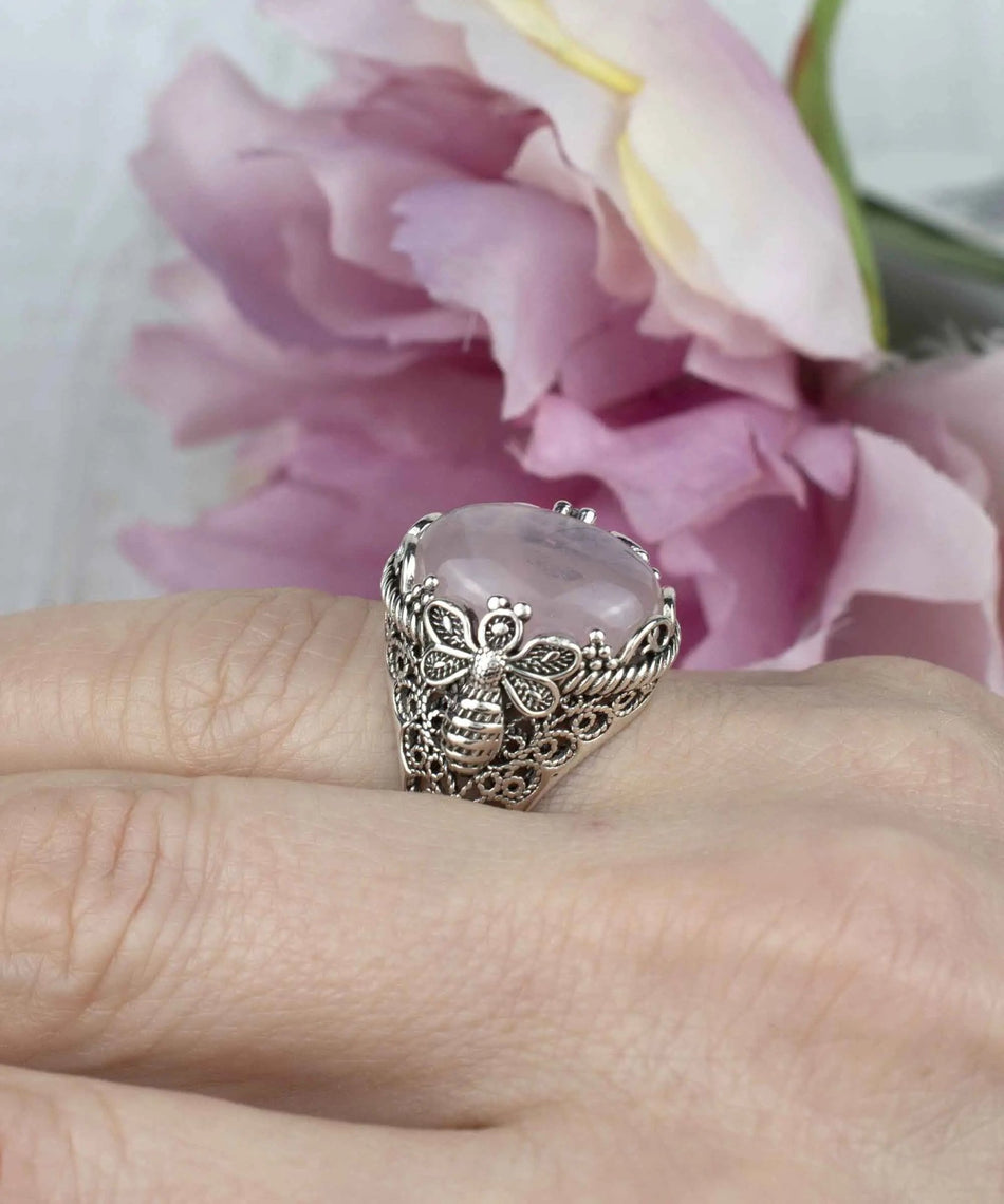 Filigree Art Bee Detailed Rose Quartz Gemstone Women Silver Statement Ring - Drakoi Marketplace