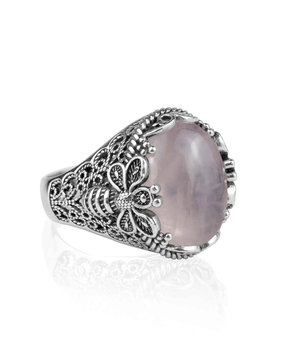 Filigree Art Bee Detailed Rose Quartz Gemstone Women Silver Statement Ring - Drakoi Marketplace