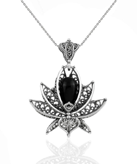 Filigree Art Black Onyx Gemstone 3D Lotus Flower Women Silver Pendant Necklace - Drakoi Marketplace