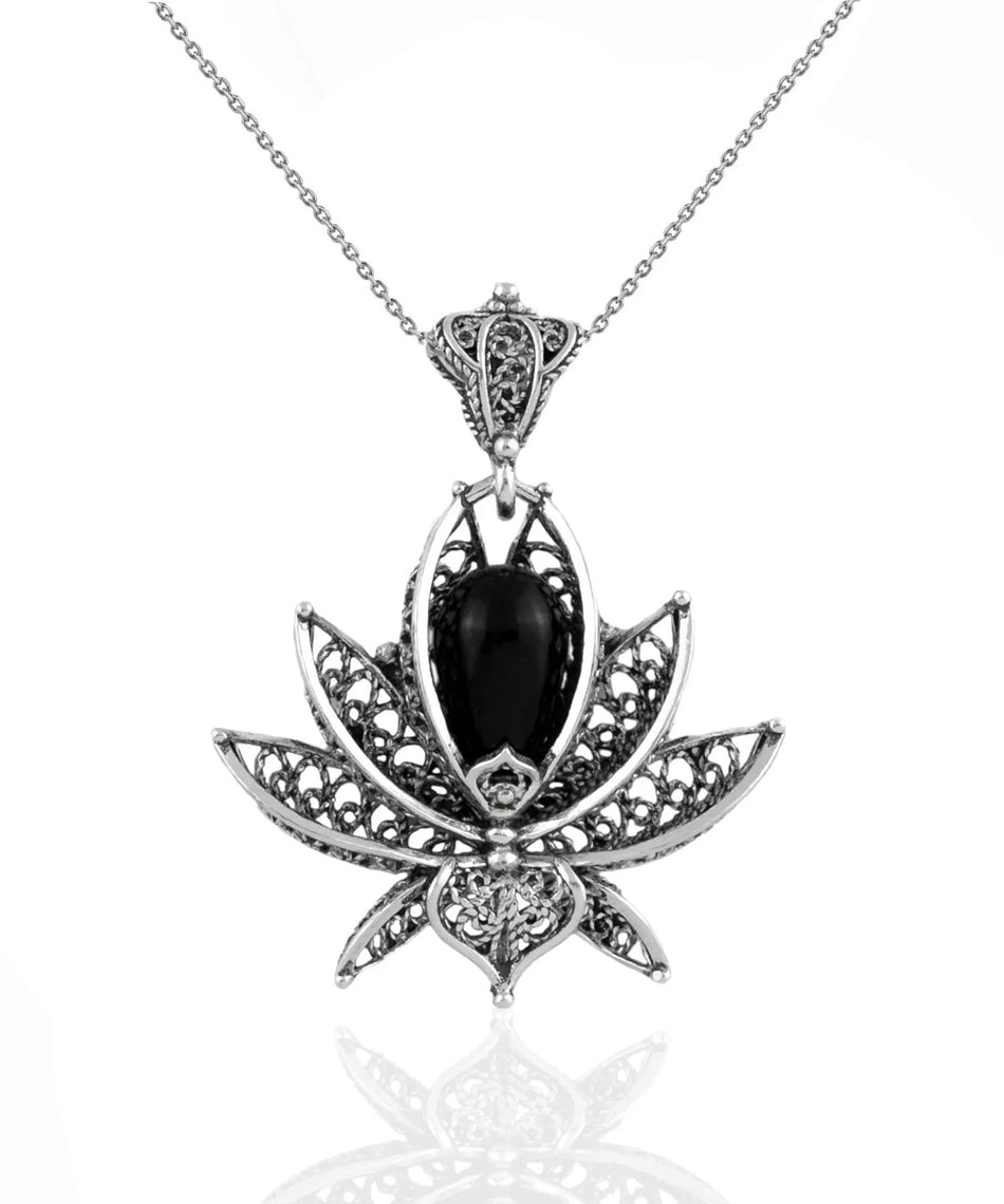 Filigree Art Black Onyx Gemstone 3D Lotus Flower Women Silver Pendant Necklace - Drakoi Marketplace